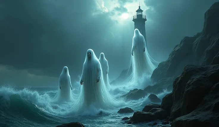 translucent and ghostly figures emerge from the rough sea,  rising slowly through the rocks towards a lighthouse .  the scenery ...