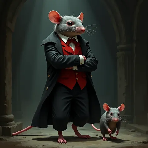 red waistcoat
rat master
walking on two legs
arm crossing
gray rat