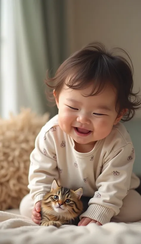 a baby girl, fluffy brown cat, playing together with a happy expression, baby wearing pajamas, photorealistic, highly detailed, ...