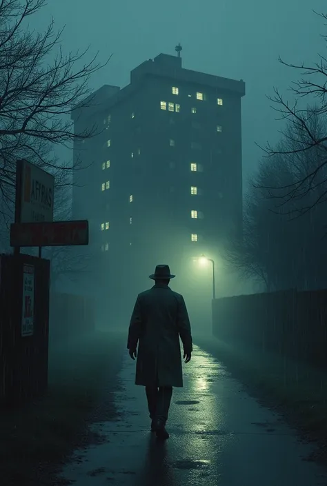 there's a hospital and a road. then a man, a detective is walking the path and add a little bit of fog and rain. add a sign on t...