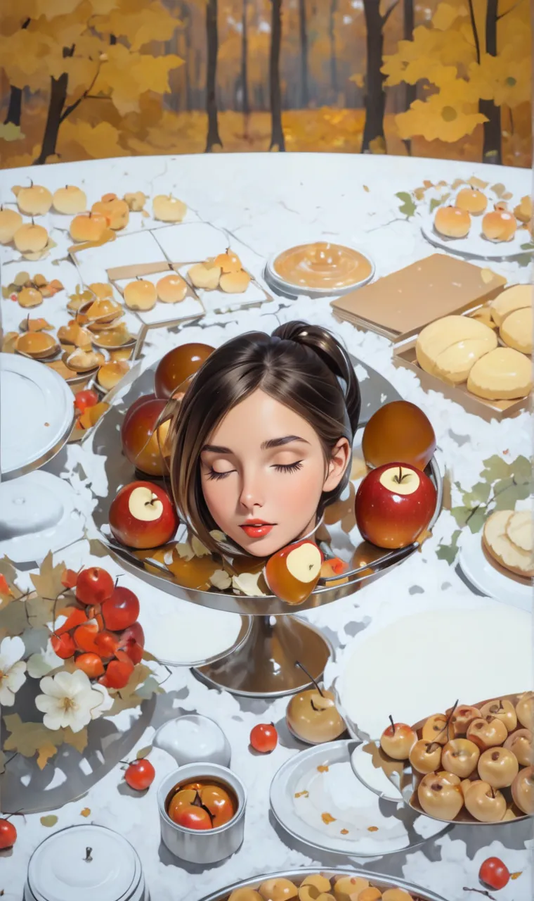 autumn forest in the background, in the foreground is a table with food ,  on a large metal platter apples in caramel,  the head...