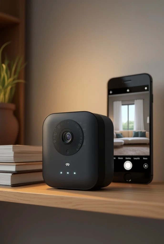 "Create a realistic, detailed image of a compact, modern security camera with a sleek, black design. It should have a small, dis...