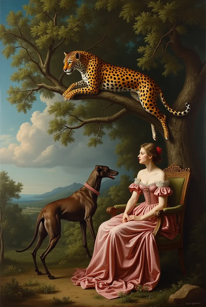 greyhound dogs attacking a jaguar that is in a tree next to a seated woman in a baroque dress