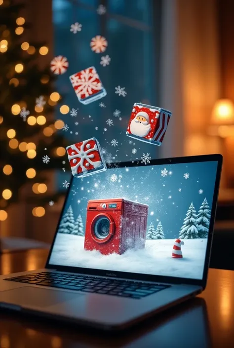 A surreal and dynamic image of a washing machine with Christmas motifs emerging from the screen of an open laptop. Each applia...