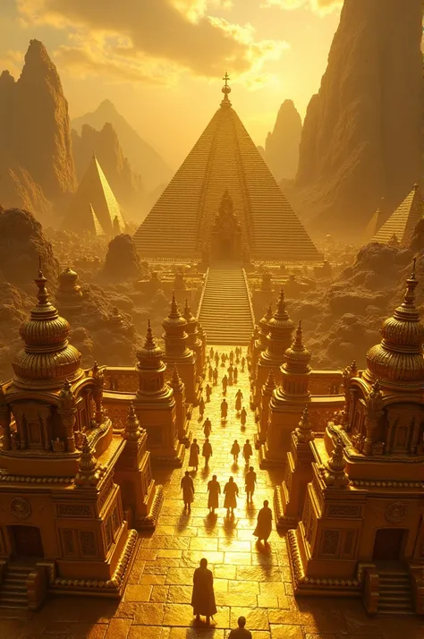 an impressive city made of gold,  with great temples and pyramids , surrounded by golden mountains .