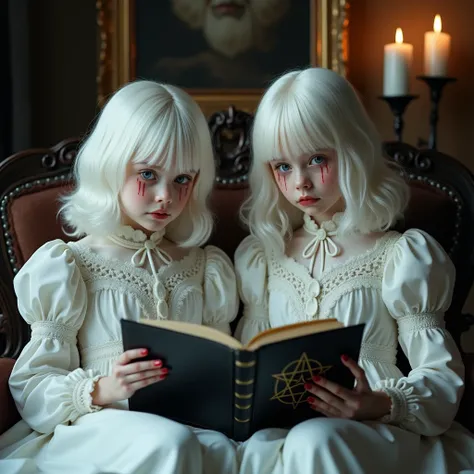 (2 cute twins little albino girls), , blue eyes, skin white as snow, white victorian clothes, sad, very beautiful, cozy atmosphe...