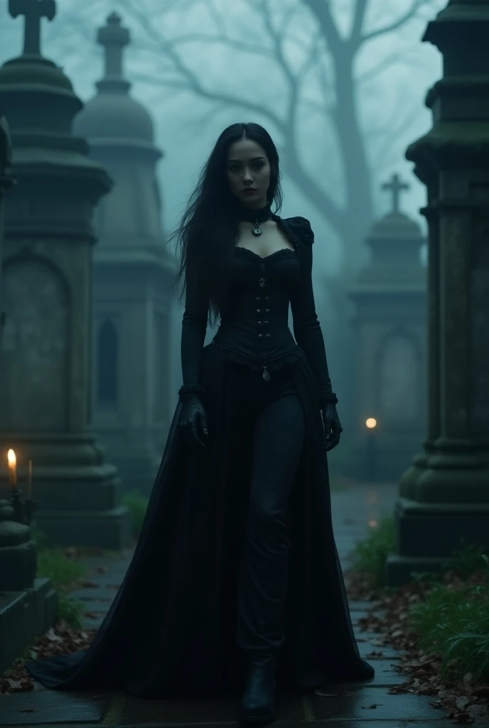 cinematic, vampire slayers, walks in an gothic cemetery at night wearing a gothic steampunk fashion dress, fog and rainy conditi...