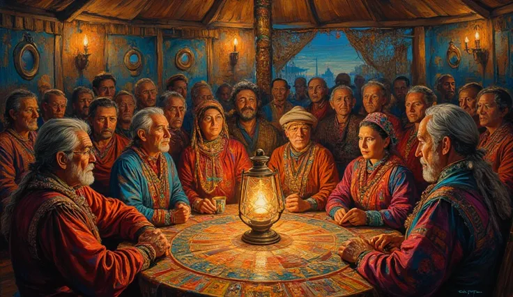 the vibrant and realistic painting in a large, tall yurt finely embroidered with mirrors in the light of a lantern tells the pop...