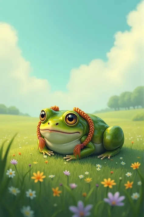 sick little frog with two braids in the field