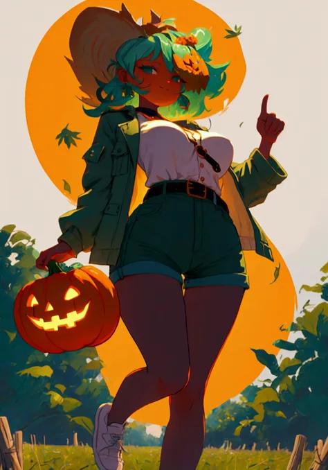 tanned, shorts,  pointing at the sky , green hair, white blouse, farm, leaf hair ,  dark green jacket, brown belt,  pumpkin girl...