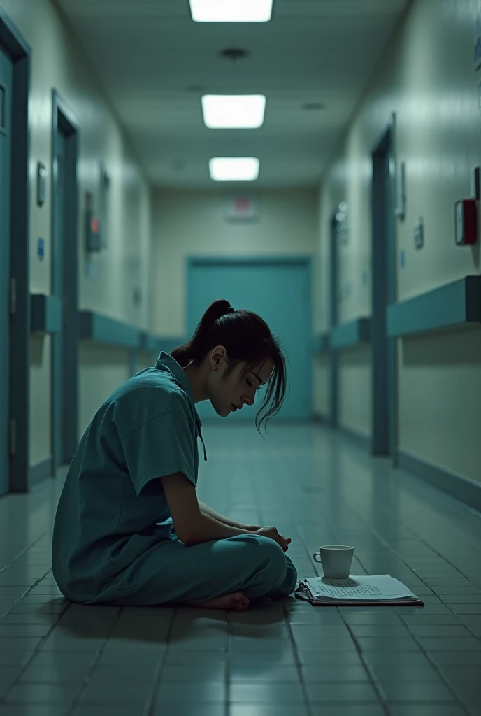 Sad nurse in the hallway sitting on the floor 