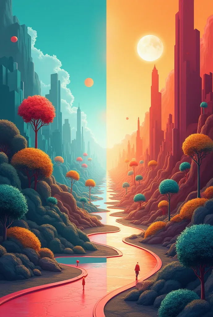 show two paths in a surreal landscape: one is bright and open, with colorful abstract shapes symbolizing liberal values, while t...