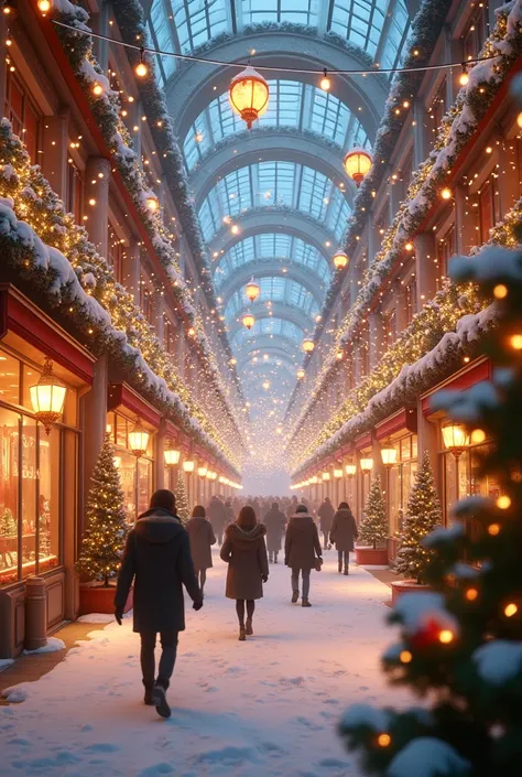 a shopping mall with lots of christmas decorations, yellow lights and lanterns ,  lots of snow decorated around .