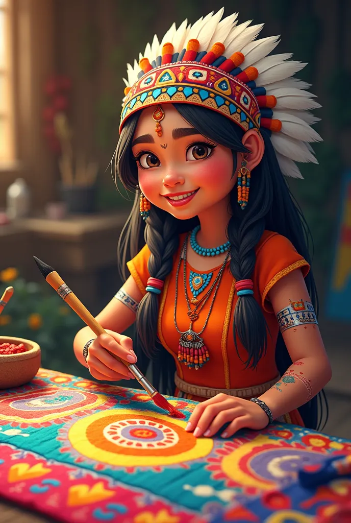 cartoon of an indigenous woman with a headdress, smiling, painting a fabric with brushes and paints around it