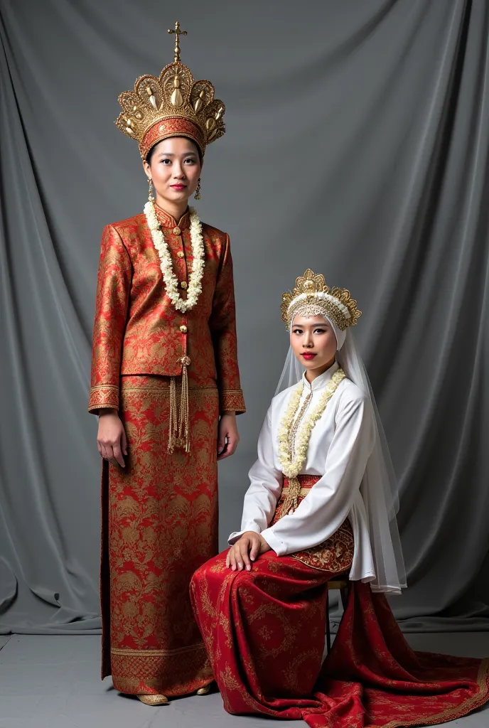 photo of a couple of traditional javanese brides . first person standing wearing traditional wetsuit with gold buttons and jasmi...