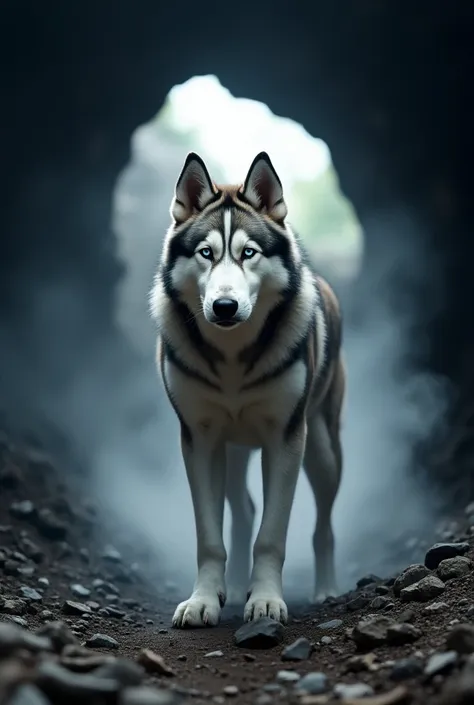 siberian huski coming out of a cave