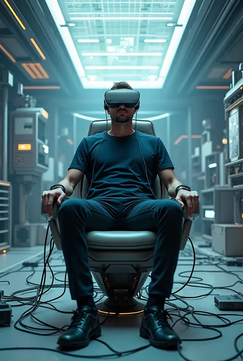 create a human being hooked up to a virtual reality futuristic machine that puts him in another world