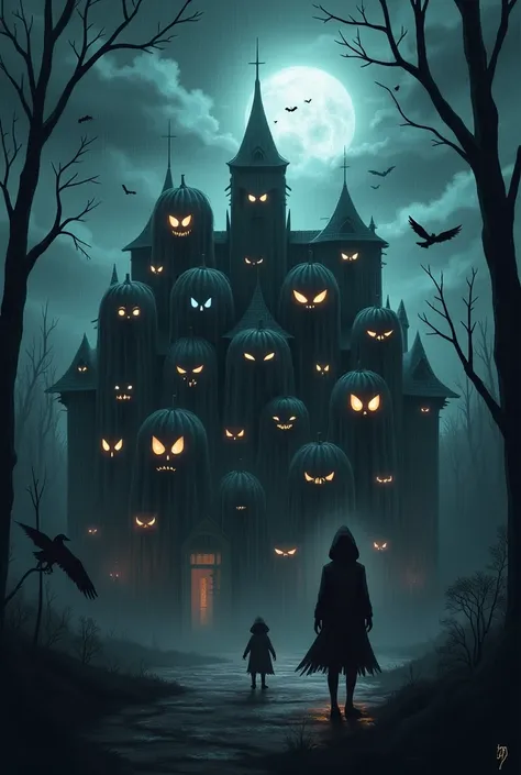 "a dark and atmospheric halloween-themed artwork featuring the alphabet. each letter is the main character, designed with vivid,...