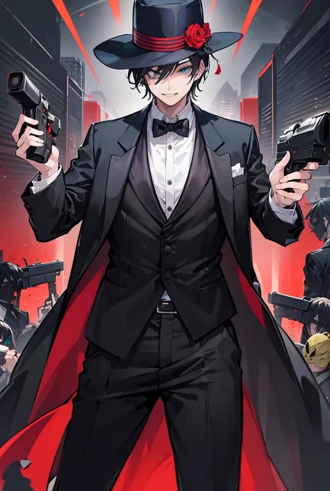 1boy, standing portrait, central focus, centered, fully in-frame, solo, standing still, zoomed out, masquerade mask, aiming gun ...