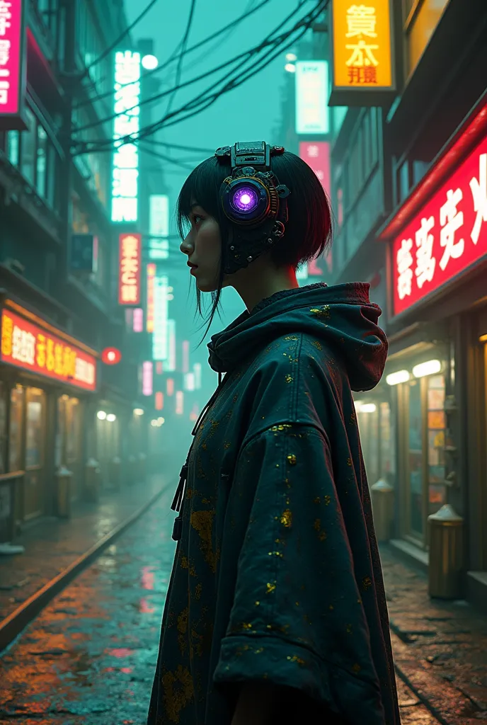 a cyberpunk digital artwork depicts a futuristic cityscape at night, characterized by dense neon signs in various colors like gr...