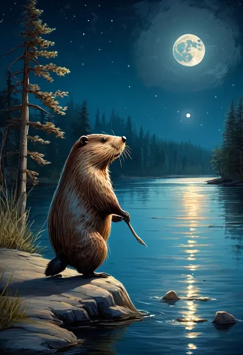 picture of a beaver looking at the moon, moon path on the water, whimsical beaver looking at the full moon, beautiful moonlit ni...