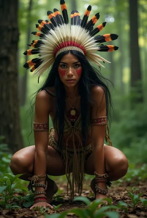 a dark-eyed indian woman about 40 years old, with a headdress with only large feathers and long hair ,  without bangs with her c...