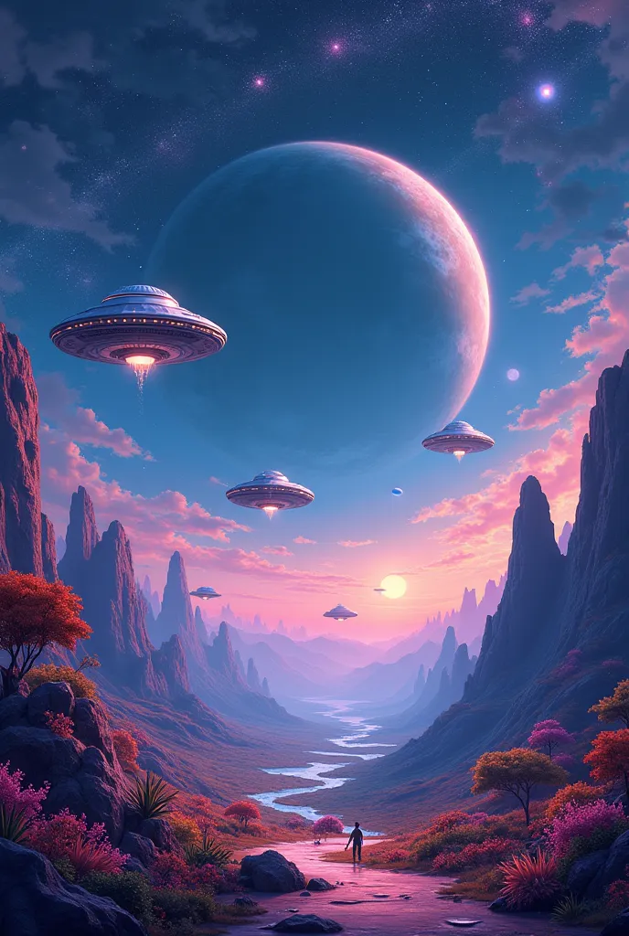 a colorful alien planet nighttime landscape with ufos, stars, moons, and other planets in the background in a realistic style