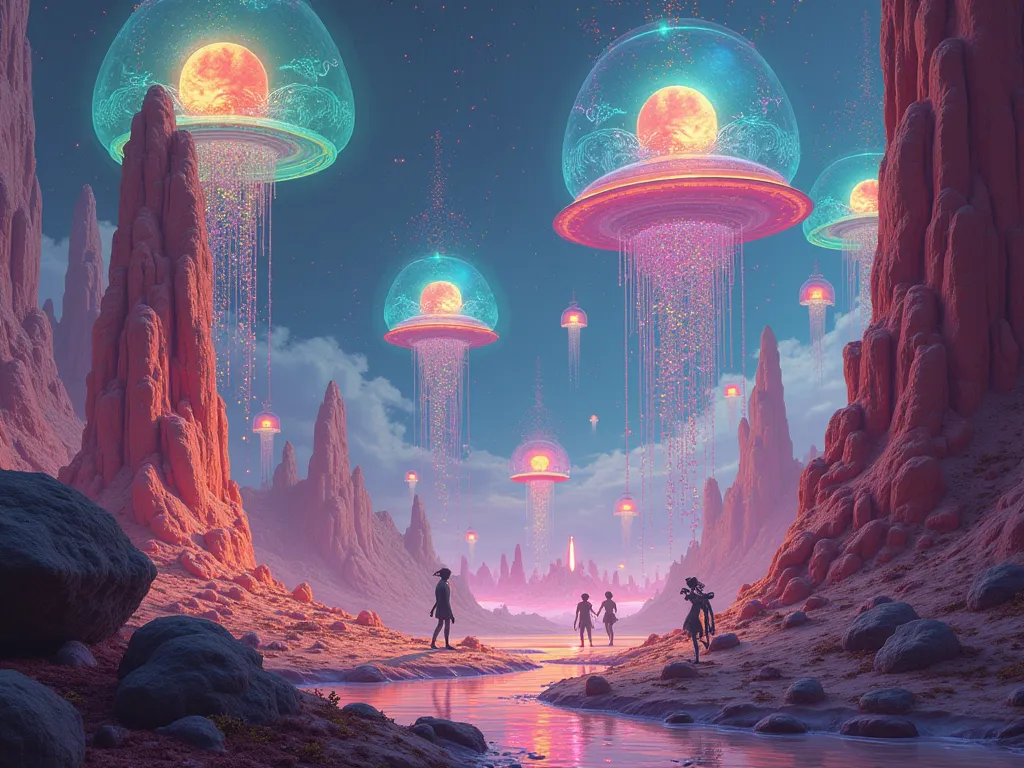 an alien planet with floating structures that shine in rainbows of light, represented in the psychedelic style of the 60s .