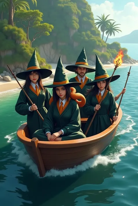 create an image of a group of witch students 

that they are in a boat next to an island , there must be the boss ,  deputy chie...