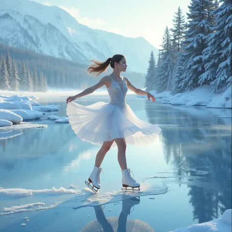 Ultra realistic 8k photo A captivating, fascinating, and mesmerizing illustration of a graceful young figure skater on a icy lak...