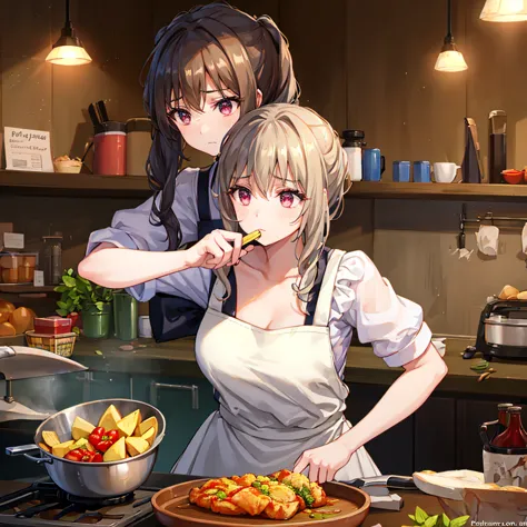 a beautiful girl, looking like she's about to cry, wearing an apron, cutting ingredients with a knife, cooking, in her home kitc...