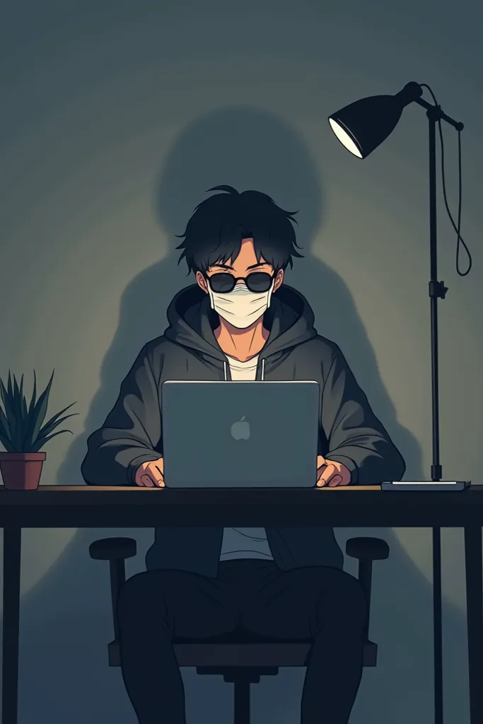 anime friendly looking male business character is wearing a face mask, hoodie and sunglasses. he is sitting behind his laptop in...