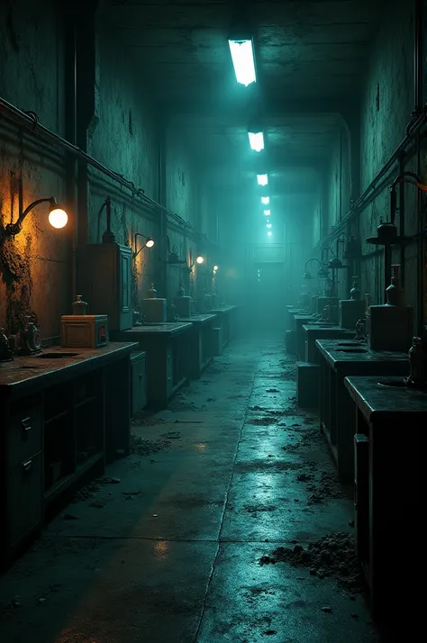 A dark and abandoned laboratory corridor 