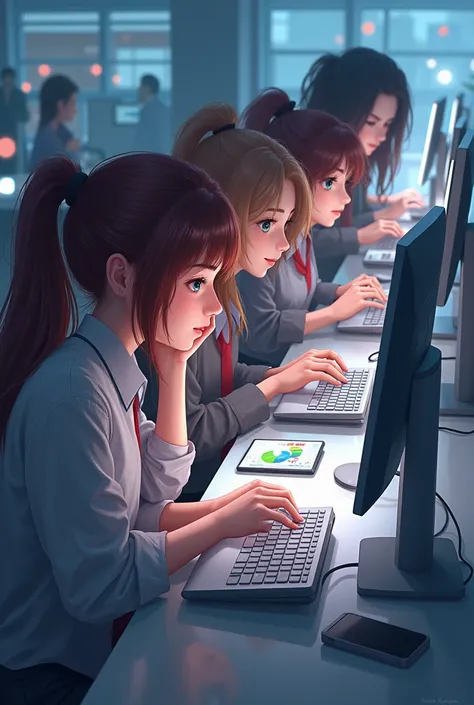 five girls sitting typing on computers and phones