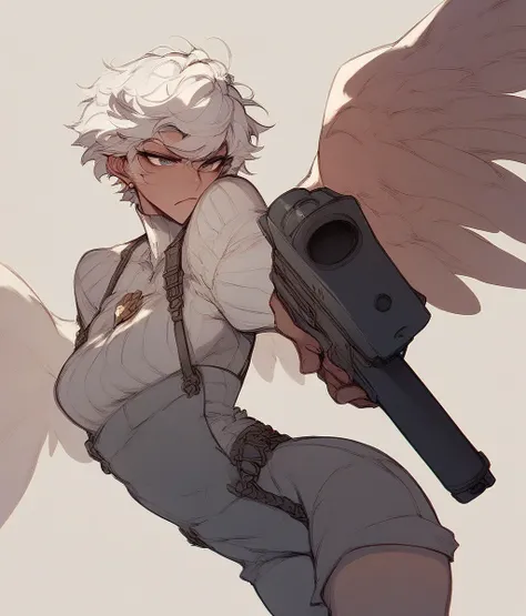 winged machines  、 he has a big gun.、  has lots of guns、shoot a gun、 winged woman 、white hair、 short hair、the skin is pale black...