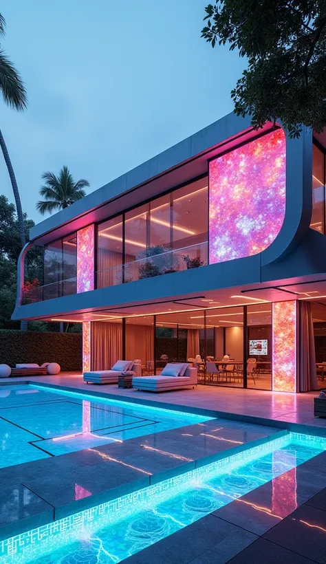 image cyberpunk réaliste et détaillé, dune villa élèvant comme une sculpture futuriste, un chef-d’œuvre mêlant métal, néons et v...
