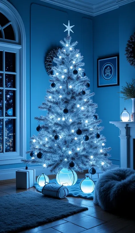 "Transform your room into a futuristic Christmas wonderland by combining sparkling LED lights and metallic decorations. Use blue...