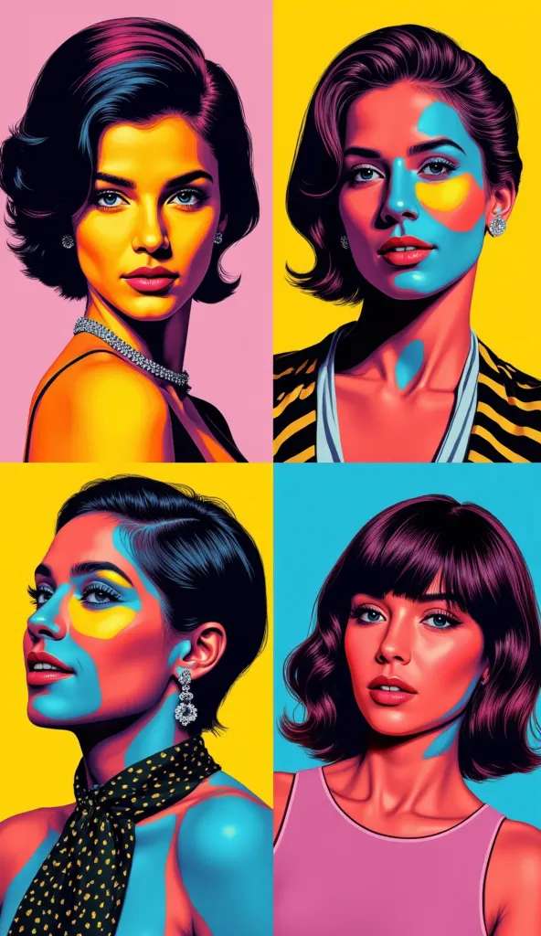 create a series of four elegant portraits of imaginary famous figures, blending elements of fantasy and pop art in a vibrant, av...