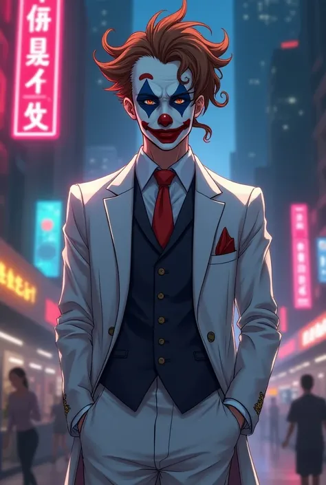 "a clown dressed in an elegant white suit

 in anime style, with sharp and sophisticated lines ,  contrasting with the colorful ...