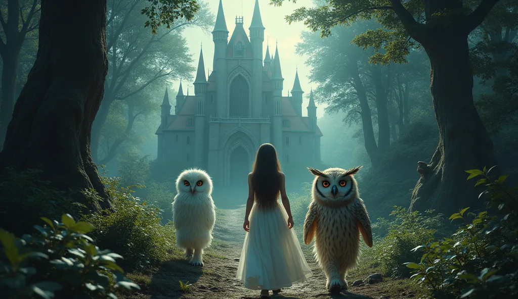 majestic castle in a dark magical forest, girl in white dress, owl baron, elf walking together, beautifully detailed eyes, beaut...