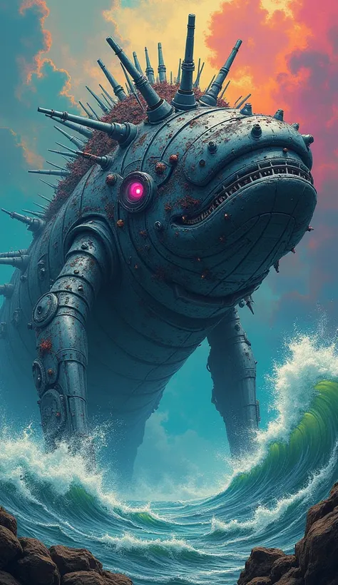 a sea monster, a kind of giant whale but half machine with an aggressive appearance in the style of stoner art covers