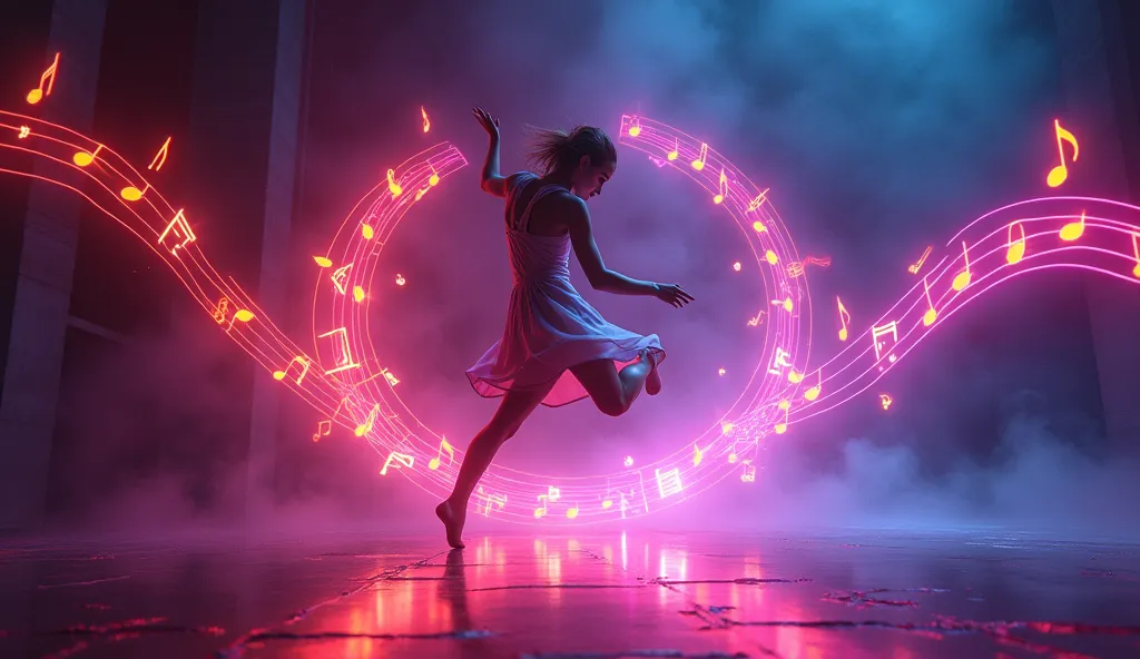 let the music guide your movements as you jump to the beat, each step creating a unique and vibrant image in the air. neon light...