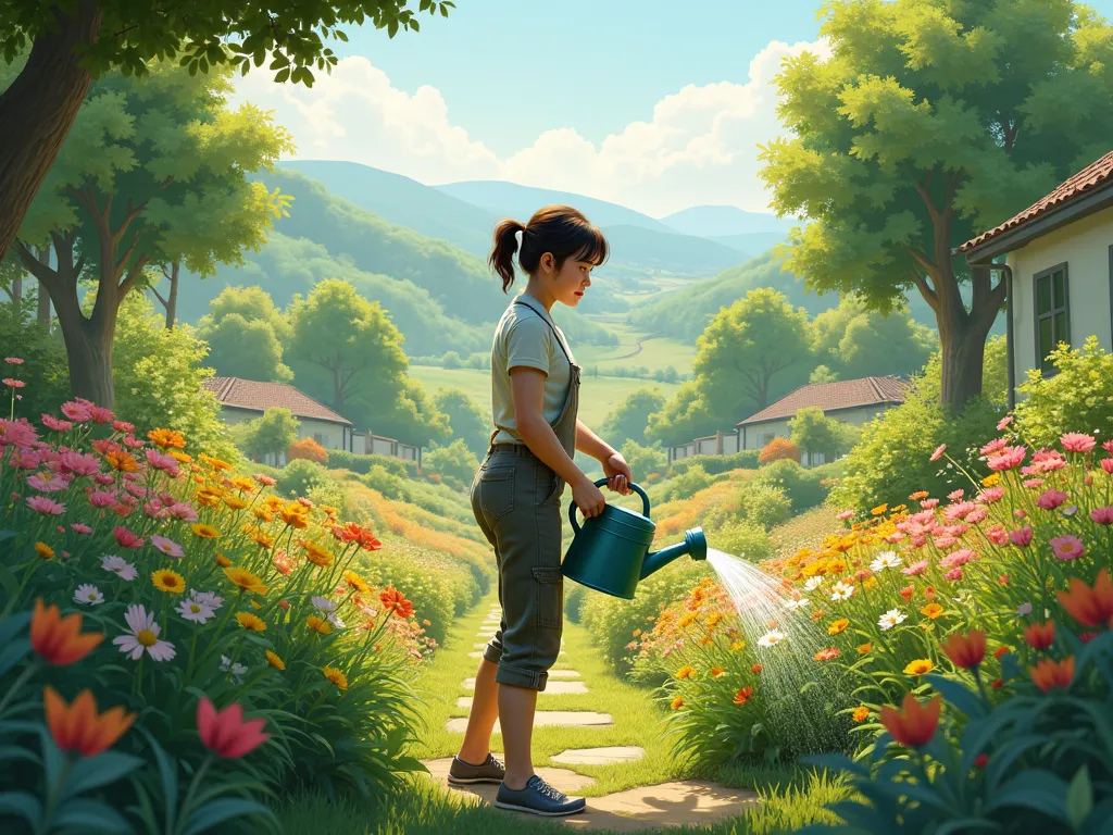 one watering a garden with flowers and trees