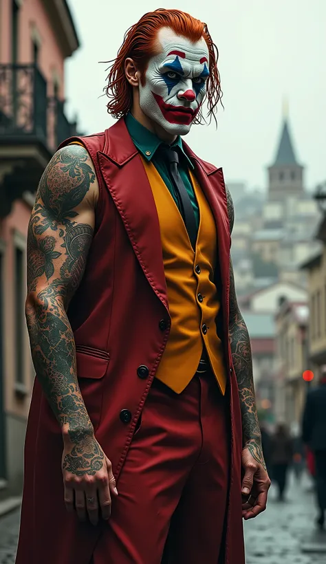 create a turkish joker man standing in istanbul city , turkey flag colours on face , turkish detailed full body tattoos , red ha...