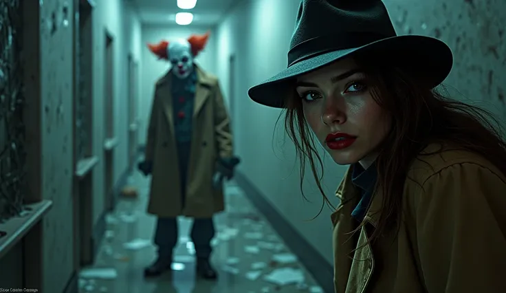 a female detective, looking at a creepy clown , while falling on several broken mirrors