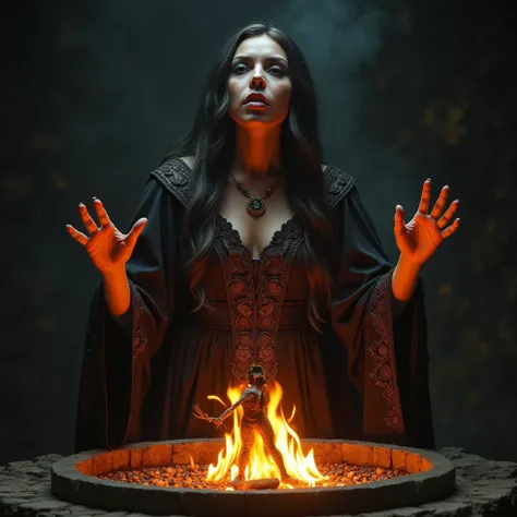 a female gothic priestess performing a ritual with her hands raised and her gaze turned upwards, in front of her a fire inside t...