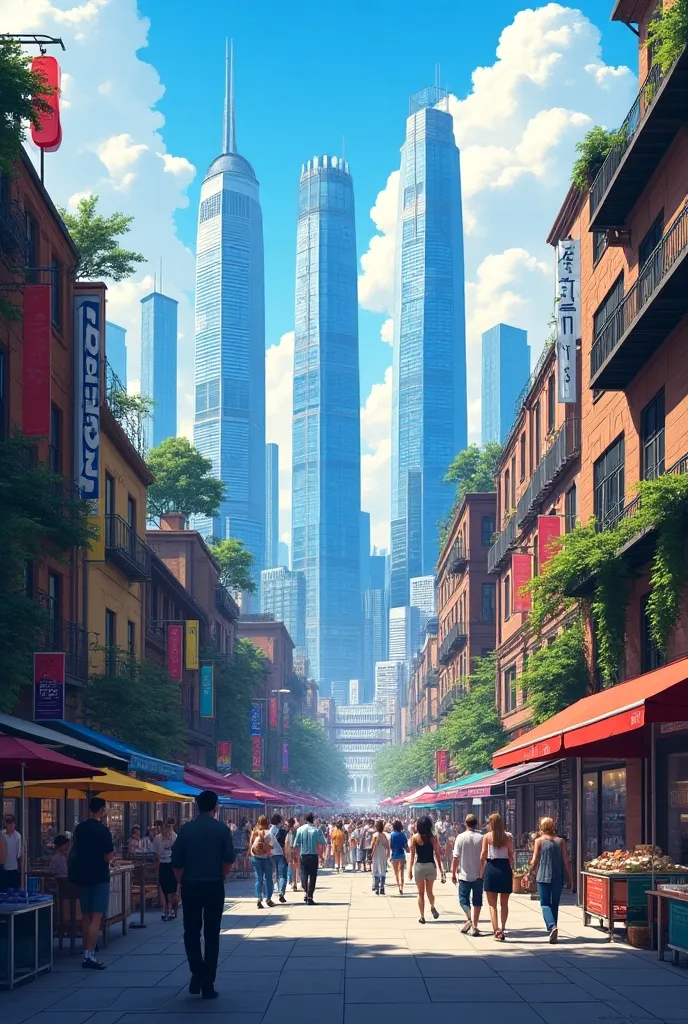 an illustration depicts a modern city with skyscrapers, factory of people shopping