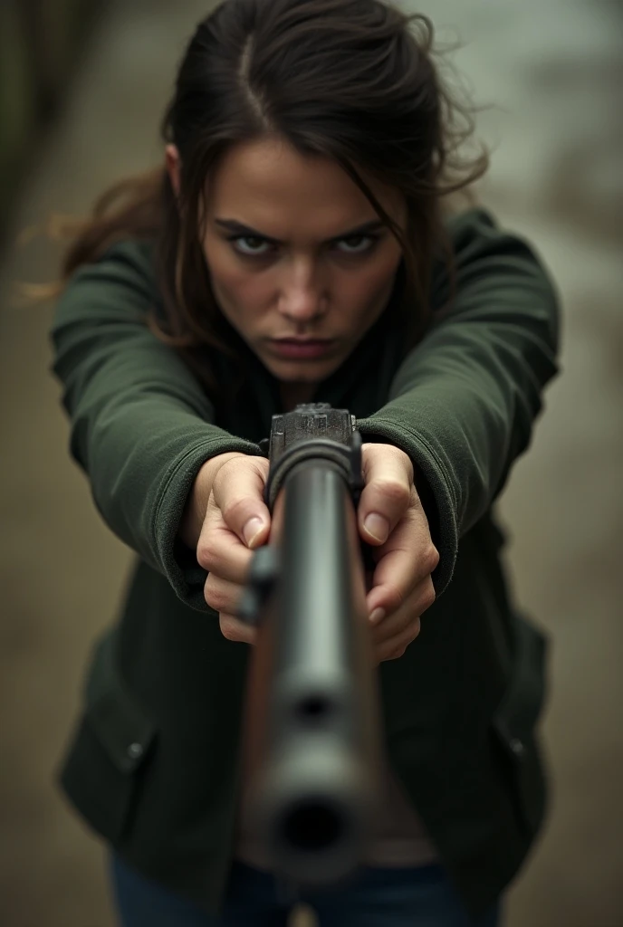 pitch angle ,  as from the perspective of an adult ,  top down view , of an angry  "s"  girl pointing an old rifle at the camera...