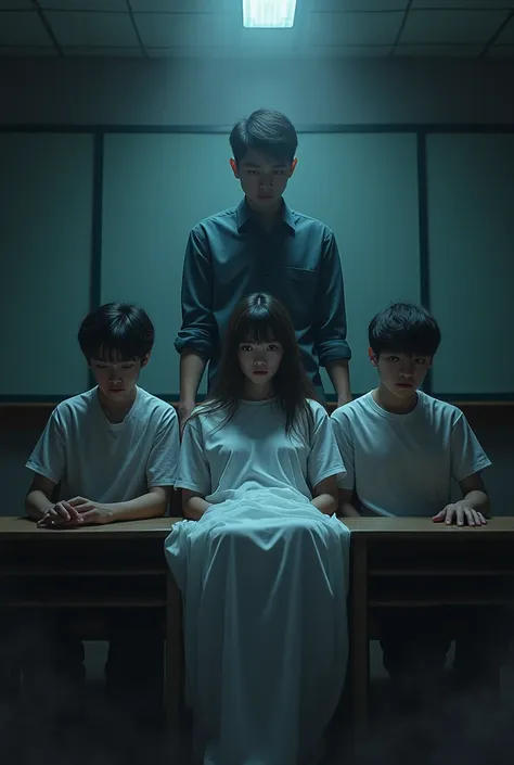 three male students sit on a chair, a body of ghost woman on their labs, they are look scare and stare straight, a male student ...