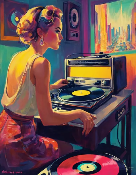 graphic design, avant-garde pop art. stylish retro illustration of a record player in a room with a city view, emotional illustr...